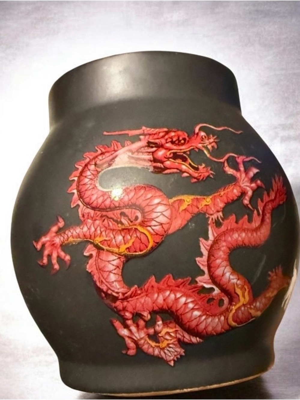 Vintage~Chinese Dragon Non-Electric Aroma Pot~Potpourri Pot~Ceramic~Red & Black